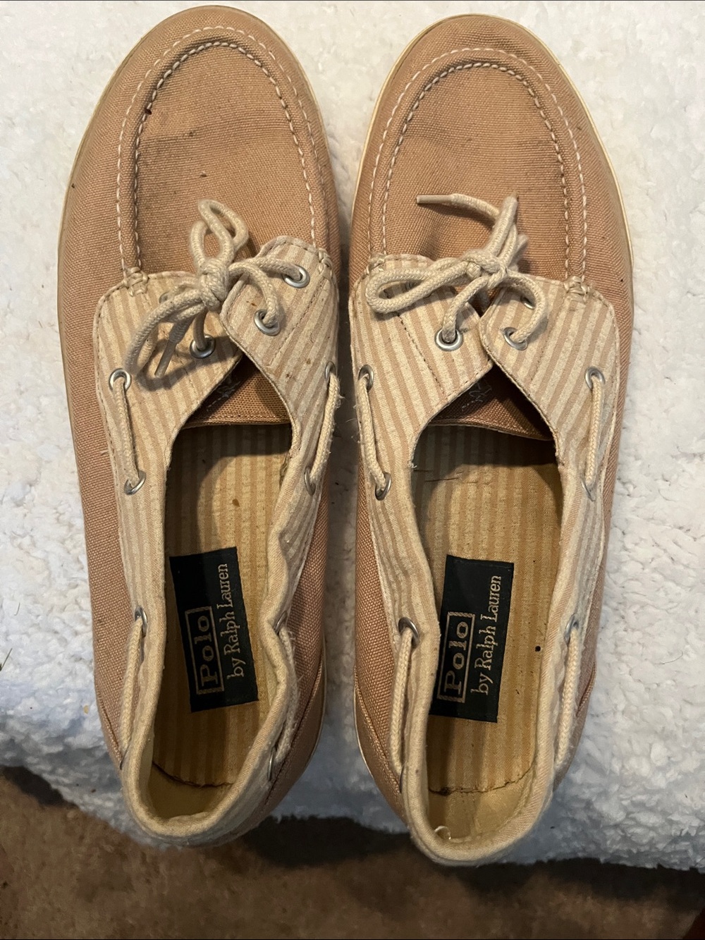 Polo by Ralph Lauren Tan Canvas Striped Boat Shoes